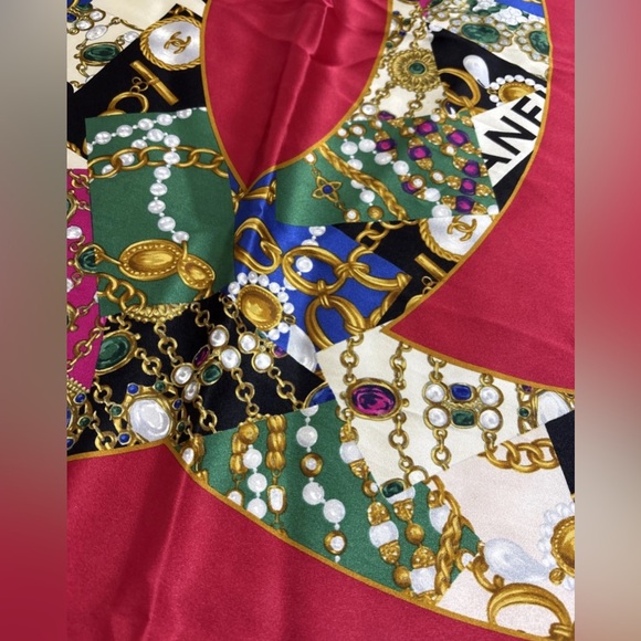 Chanel Silk Scarf Red with Coco Mark and Flowers White - Picture 2 of 5